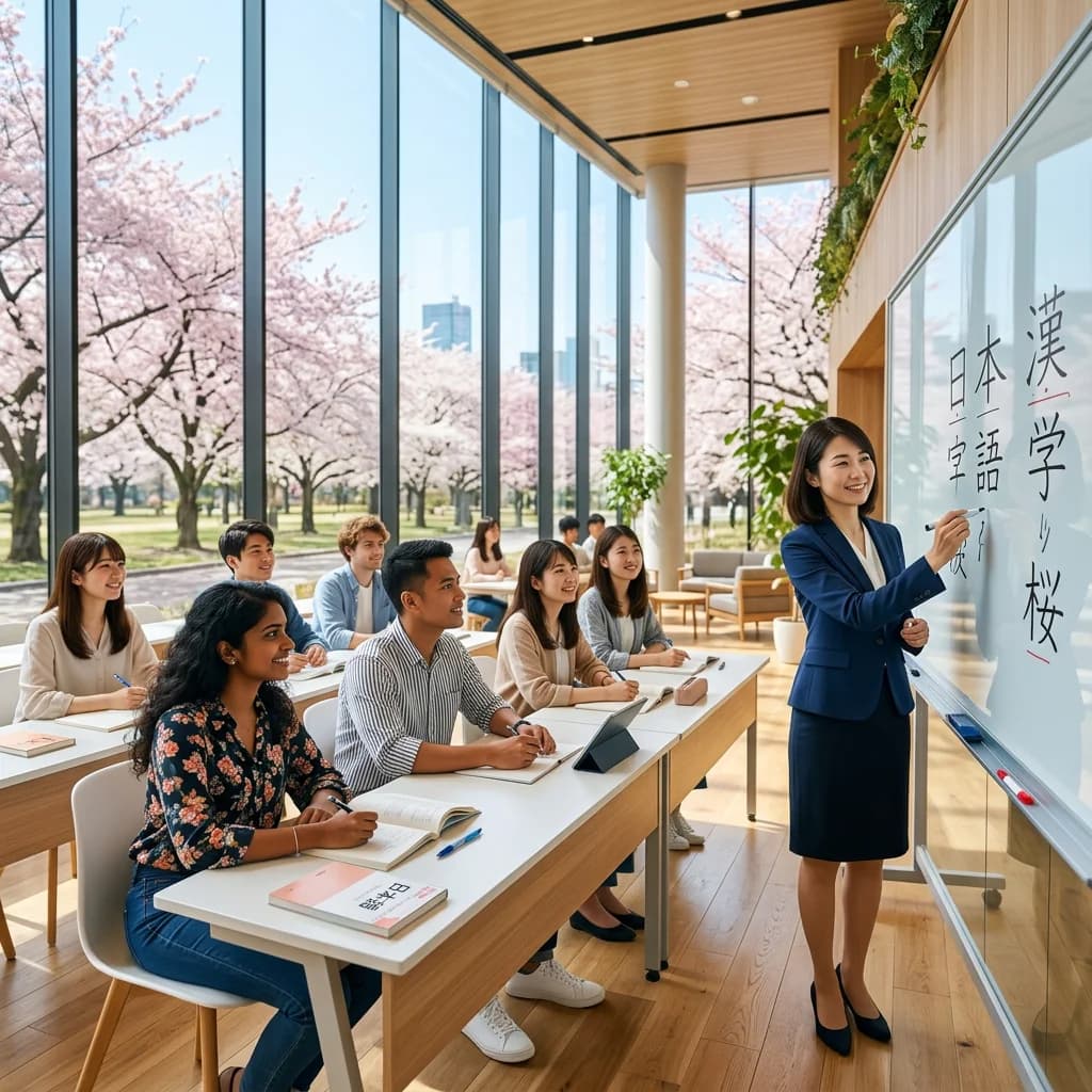 Students studying Japanese in a bright modern classroom with cherry blossoms